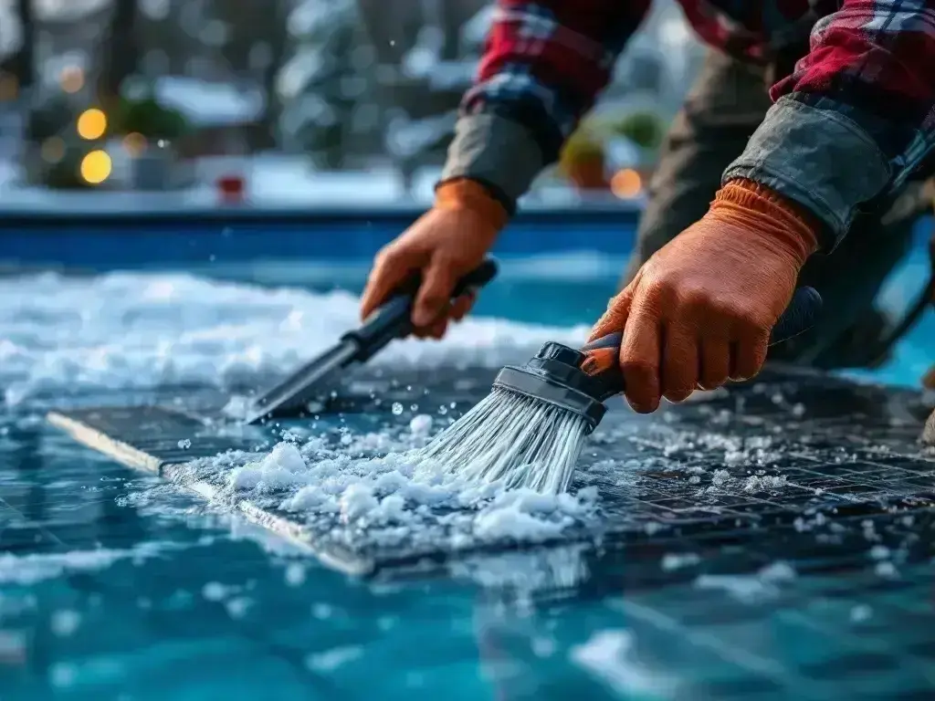 Trevi Pools and Spas technician blowing out pool lines on a sloped backyard in Summerland BC